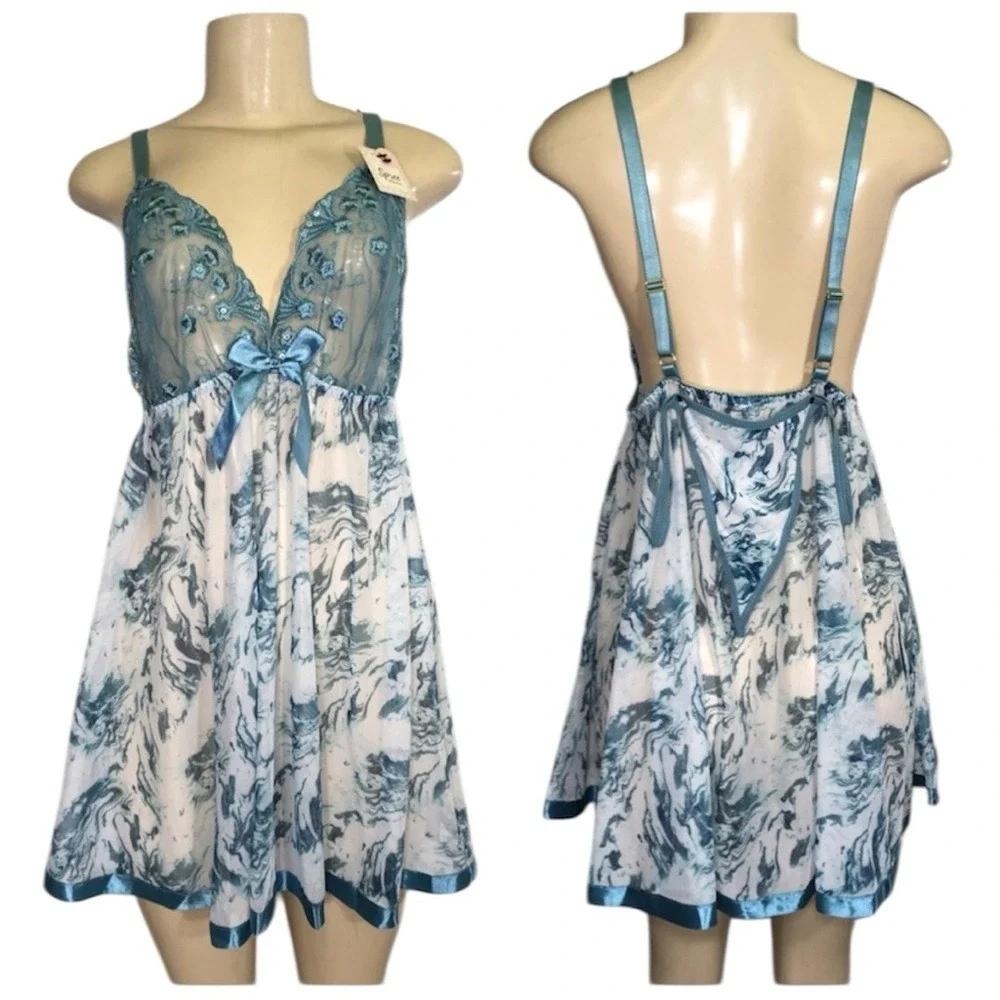 NEW Spree Intimates Teal Blue Marble Mesh Floral Lace‎ Babydoll Lingerie Set 1X